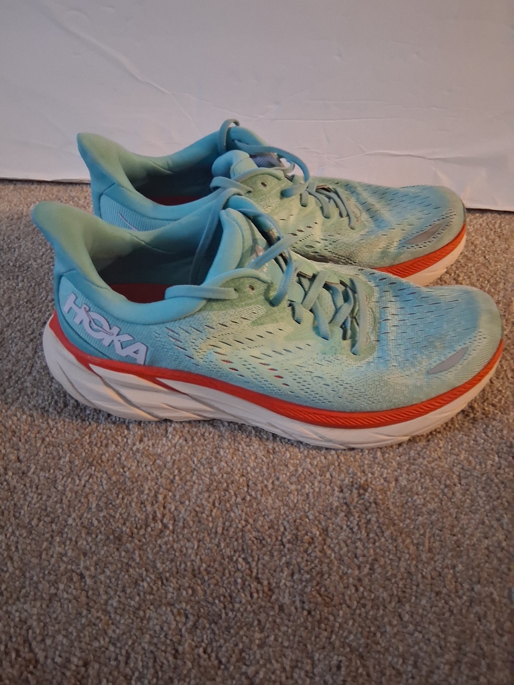 Hoka Clifton 8 Women's Running Shoes Size 9.5 Wide Blue Orange Sneakers Used
